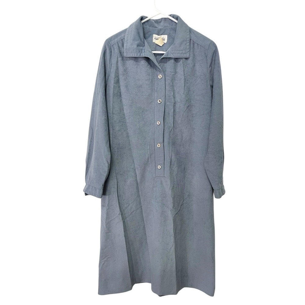 Henry Lee 18 Blue Faux Suede Midi Dress Button Front Long Sleeve ILGWU Vintage